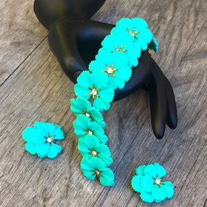 Rare Find! Vintage Teal and Rhinestone Flower Bracelet / Clip Earring Set